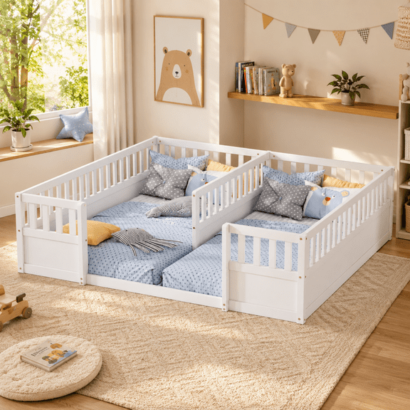 Miniyam Double Twin Size Floor Bed, Wood Kids Bed with Guardrails, White