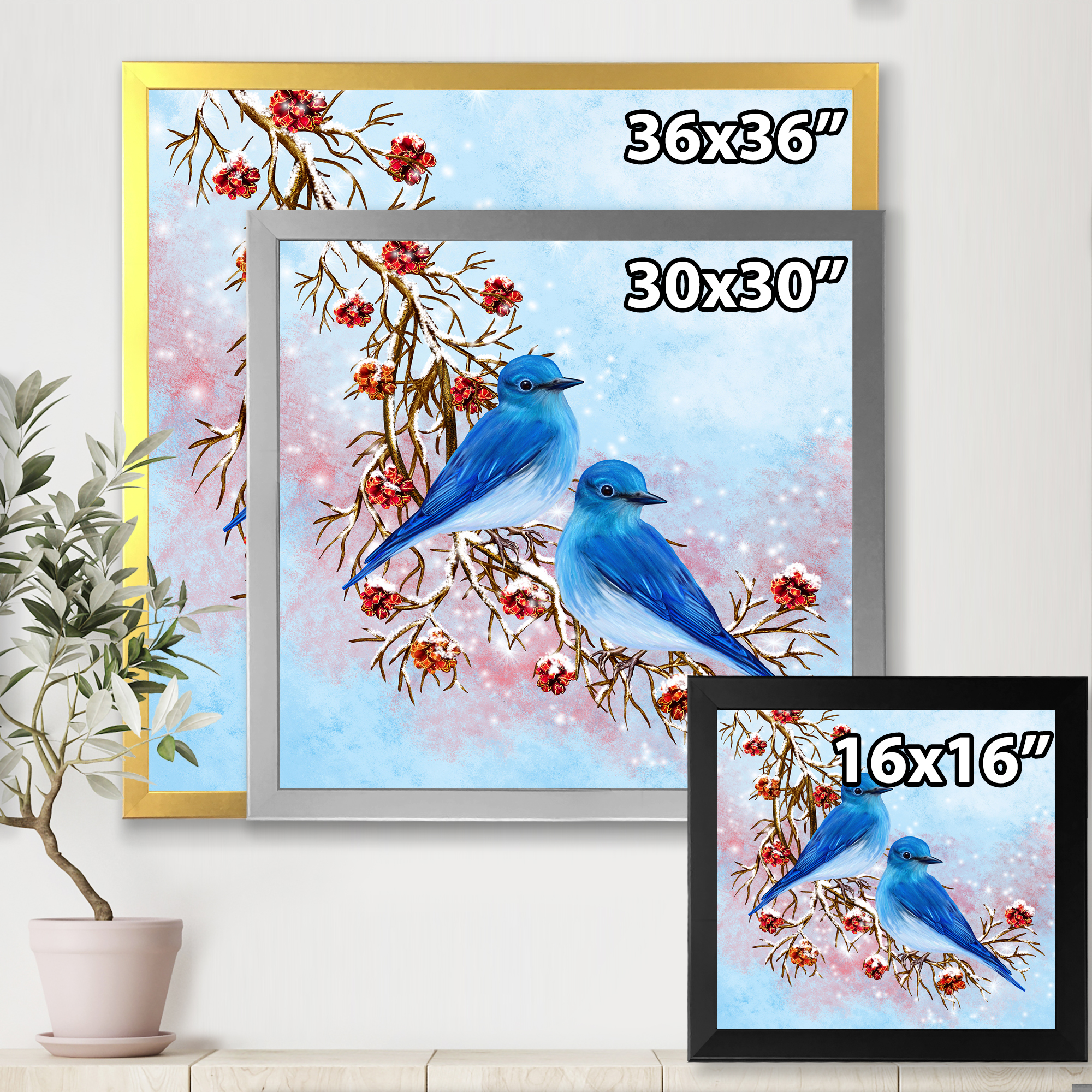 Designart 'Two Blue Birds Sitting On A Branch With Berries In Winter' Traditional Framed Art Print