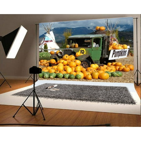 Image of Polyester 5x7ft Backdrop The Pumpkin Truck Photography British Columbia Piles Of Pumpkins Old Truck Tent Mountain Farm Scenery Nature Background Fant