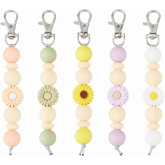 5 Colors Silicone Beaded Keychain Flower Keychain Beads Key Chain Daisy Silicone Pendant Decorations With Lobster Claw Clasps Cute Beaded Key Ring for Purse Car Keys Backpack Multi-color