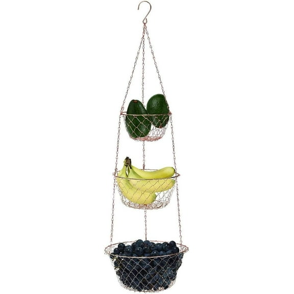 Malmo Hanging Fruit Basket, 3-Tier Wire Vegetable Kitchen Storage Hanger, Copper