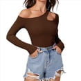 thumbnail image 2 of Camiseta de Mujer con Cuello Asimétrico, Hombros Descubiertos, Larga, Acanalada, Ajustada, para Salir, con un Solo Hombro Marrón Oscuro XL, 2 of 10