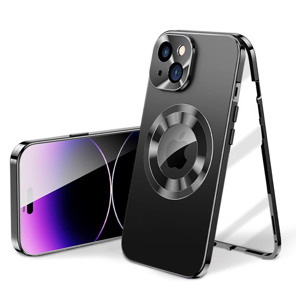Allytech Double Sided Protection Case for iPhone 15, Buckle Metal Frame Glass Screen Protector Full Camera Protection [Anti-Drop] [Anti-Fingerprint] Case for iPhone 15, Black