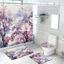Purple Flower Shower Curtain Set with Rugs Japanese Cherry Blossom Plum Blossom Asian Traditional Decor with Toilet Lid Cover, Bath Mat, Shower Curtains for Bathroom Rug Set, 72x72 Inch