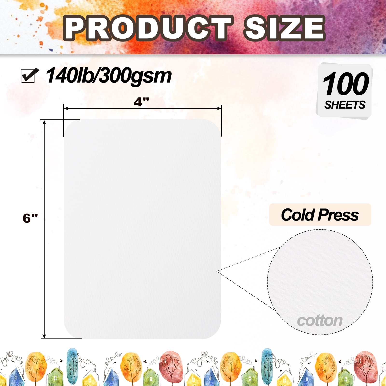 Uxcell 100 Sheets Cotton Watercolor Paper 300 GSM Paint Paper Round Corner 4x6 Inch