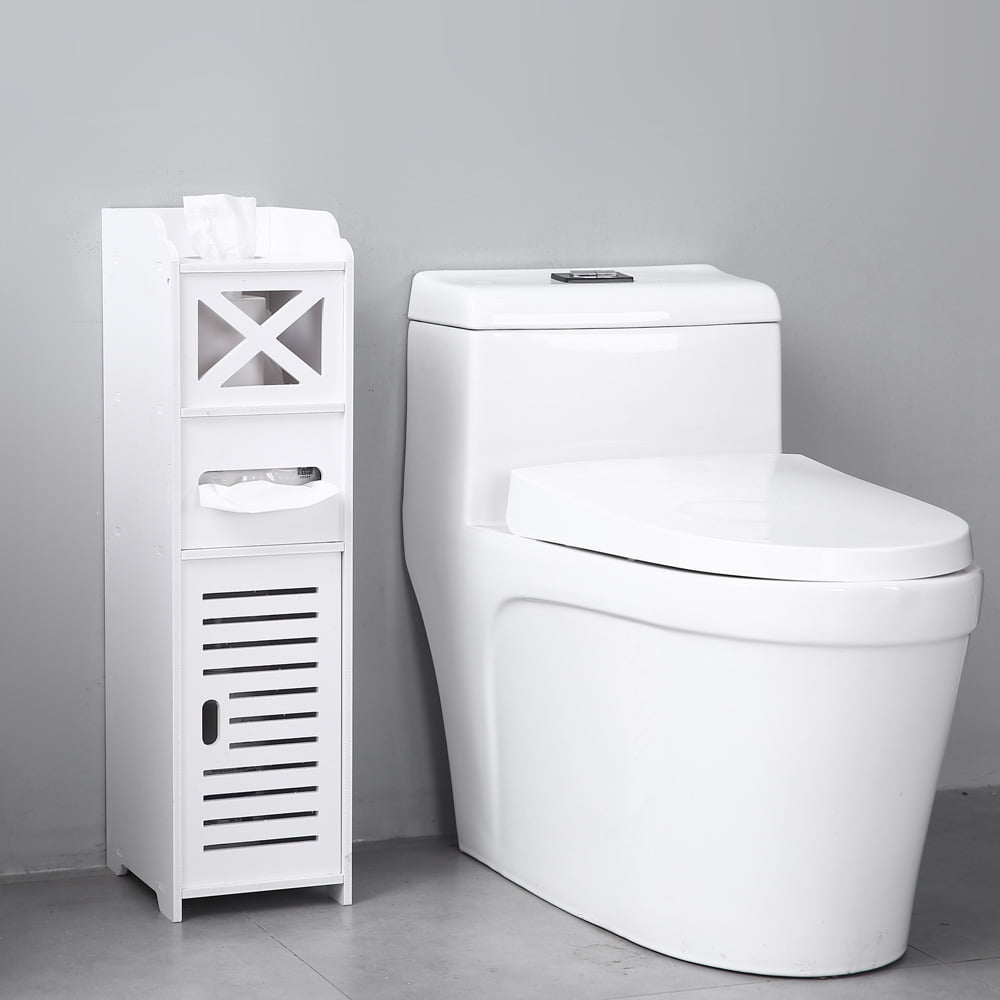 White Wooden Towel and Toilet Paper Storage Rack KUIMI Small Bathroom Storage Corner Floor Cabinet with Door and Shelves