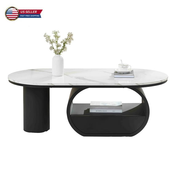 GZXS 47.24-Inch Coffee Table with Storage Drawer & Open Shelf, Modern Oval Center Table with White Marbling Top and Black Metal Base, for Living Room, Small Space