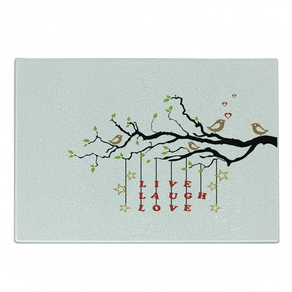 Live Laugh Love Cutting Board, Couple of Birds in Love Sitting on a Branch with an Inspirational Words, Decorative Tempered Glass Cutting and Serving Board, Small Size, Multicolor, by Ambesonne