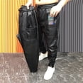 thumbnail image 4 of Joernso Men Faux Leather Pants with Pockets Stretchy Waist Solid Color Plus Size Waterproof Ankle-banded Motorcycle Style Spring Fall Club Trousers, 4 of 7