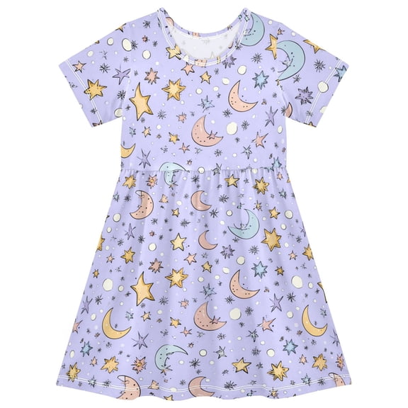 Stars and Moon Short Sleeve Dress A-Line Cute Midi Casual Sundress 2-8 Years