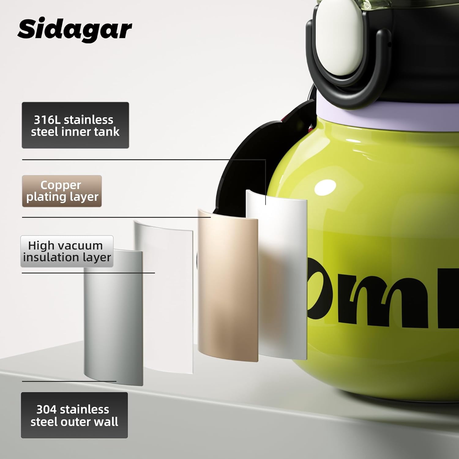 Sidagar 27 oz Stainless Steel Vacuum Insulated Water Bottle with Straw and Carry Handle, Green