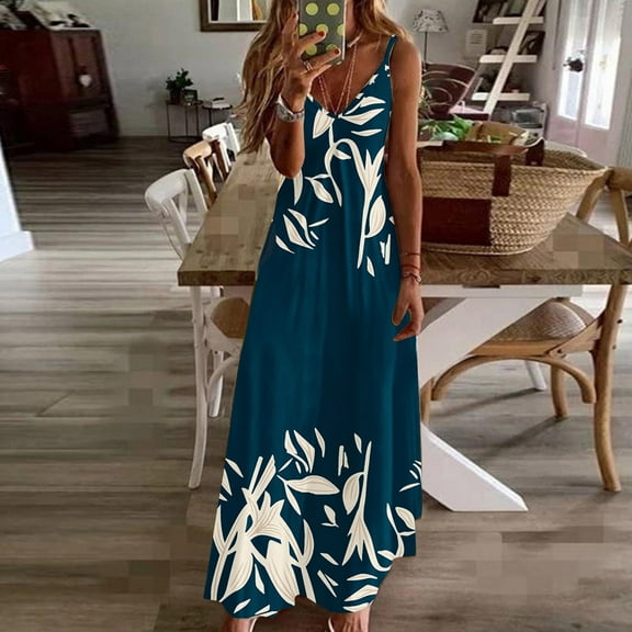 Aloohaidyvio Dresses for Women Maxi,Womens Fashion Casual Summer Pocket Sleeveless Lace Print V-Neck Dress