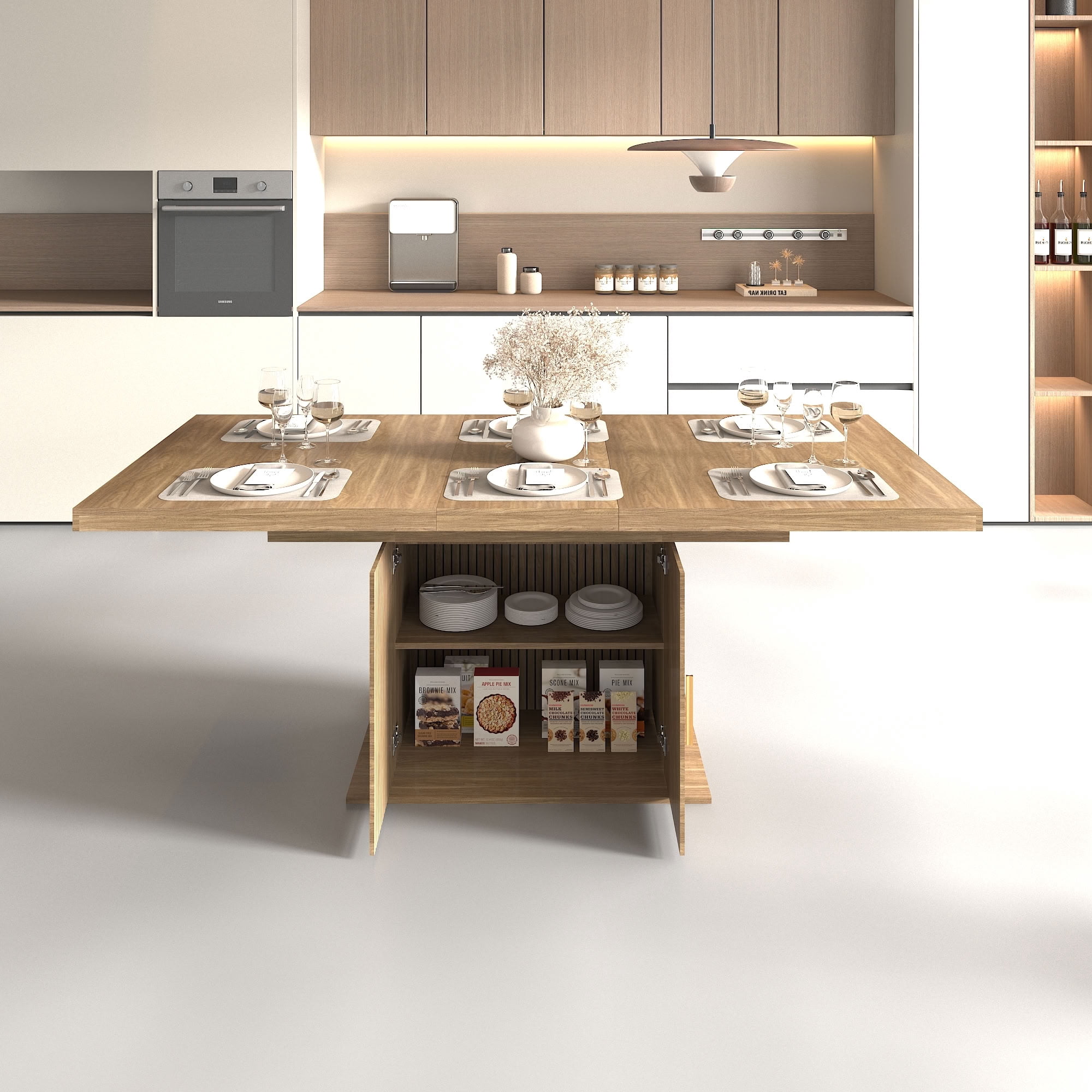 MAYEERTY Extendable Rectangular Dining Table for 6-10, Modern Extendable Kitchen Dining Table with Storage Cabinet, Waterproof Surface, for Dining Room, Apartment, Kitchen, Family Gathering Furniture