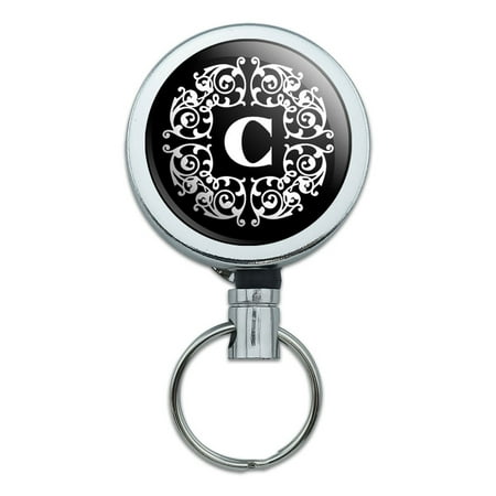 - Letter C Initial Black White Scrolls Retractable Belt Clip Badge Key Holder