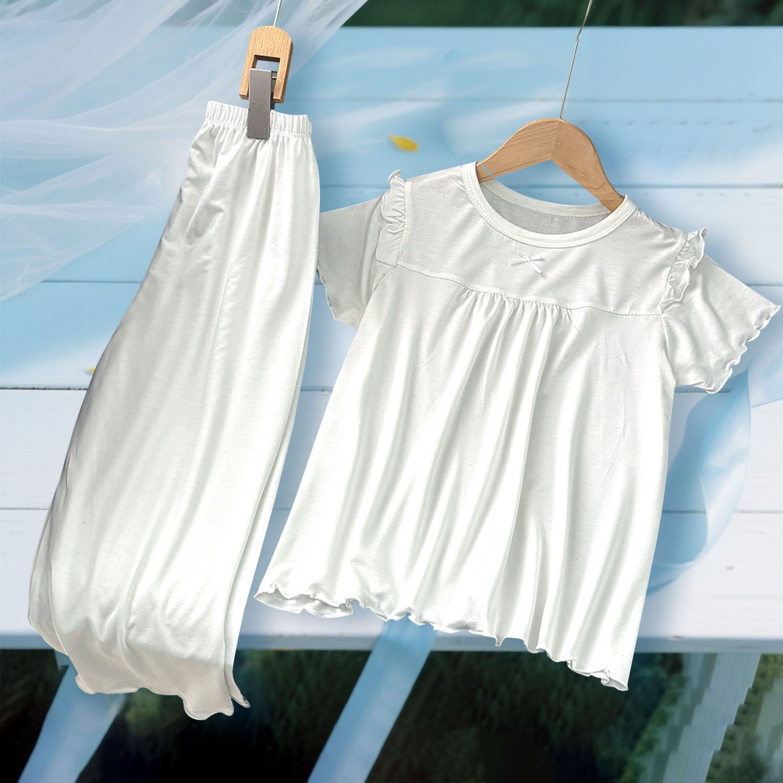 YunPes Girls Solid Cotton 2 Piece Outfits Short Sleeve Ruffle Trim