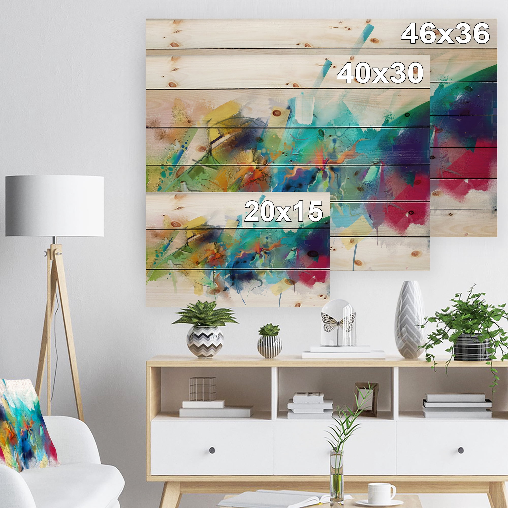 Designart 'Brush Stroke Colorful Oil Painting' Contemporary Painting Print on Natural Pine Wood