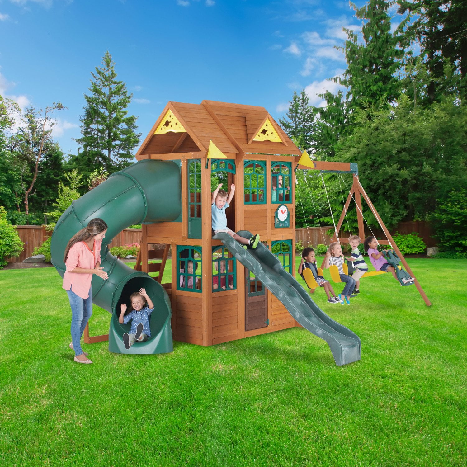 KidKraft Paramount Wooden Swing Set with Two Clubhouses