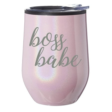 

Stemless Wine Tumbler Coffee Travel Mug Glass With Lid Gift Boss Babe (Pink Glitter)