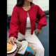 thumbnail image 5 of Cárdigan Corto de Punto con Botones para Mujer, Moderno Cárdigan de Otoño con Cuello Redondo y Larga. Rojo S, 5 of 7