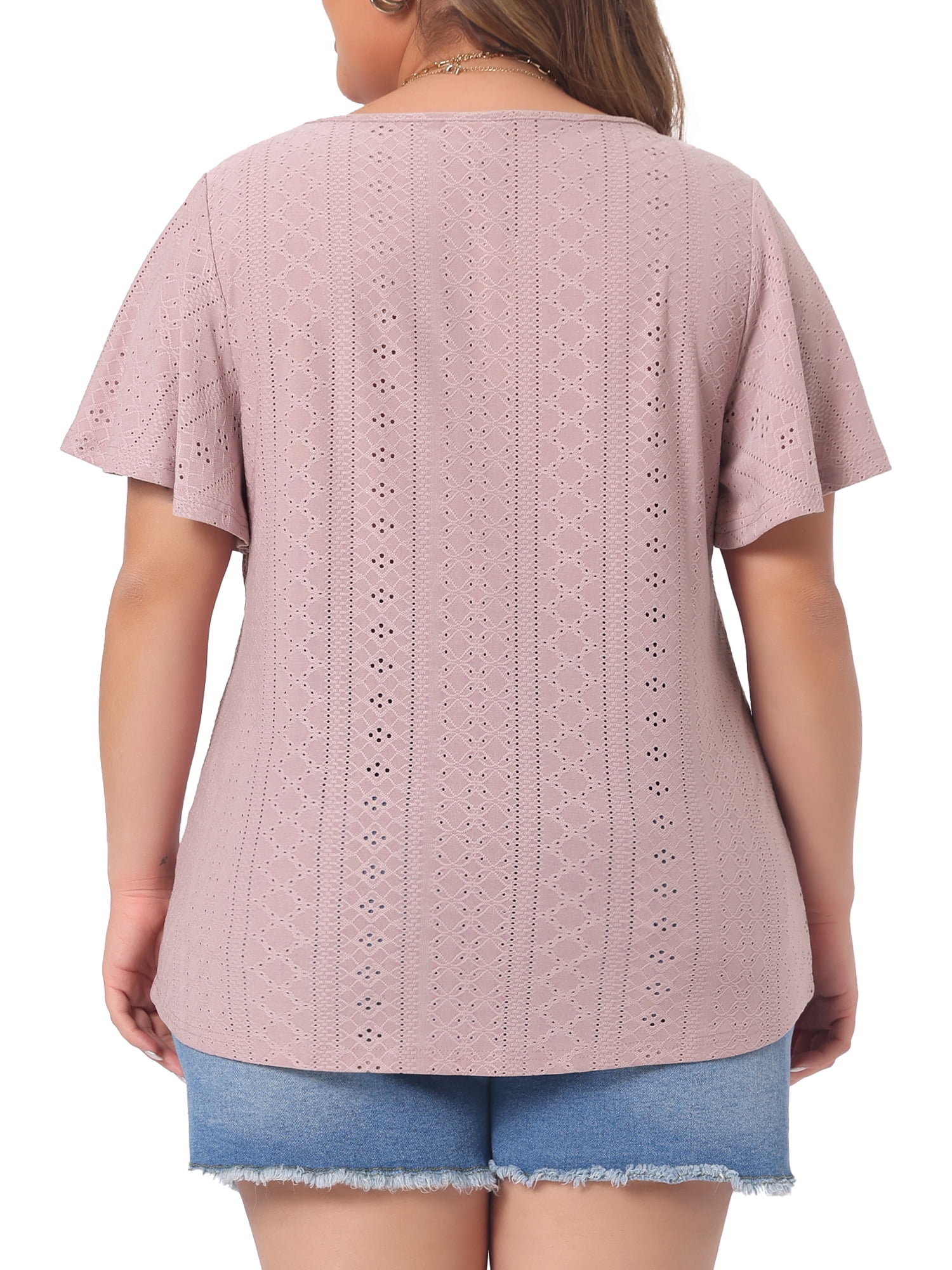 DARING DIVA Women's Plus Round Neck Hollow Flare Sleeve Casual Blouse 3X Pink