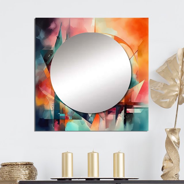 Designart "Abstract Space Visions in Red and Green" Modern Geometric Square Mirror For Wall Decor - Large Red Square Printed Wall Mirror Art - Square Modern Mirror - Wall Mounted Square Large Mirror