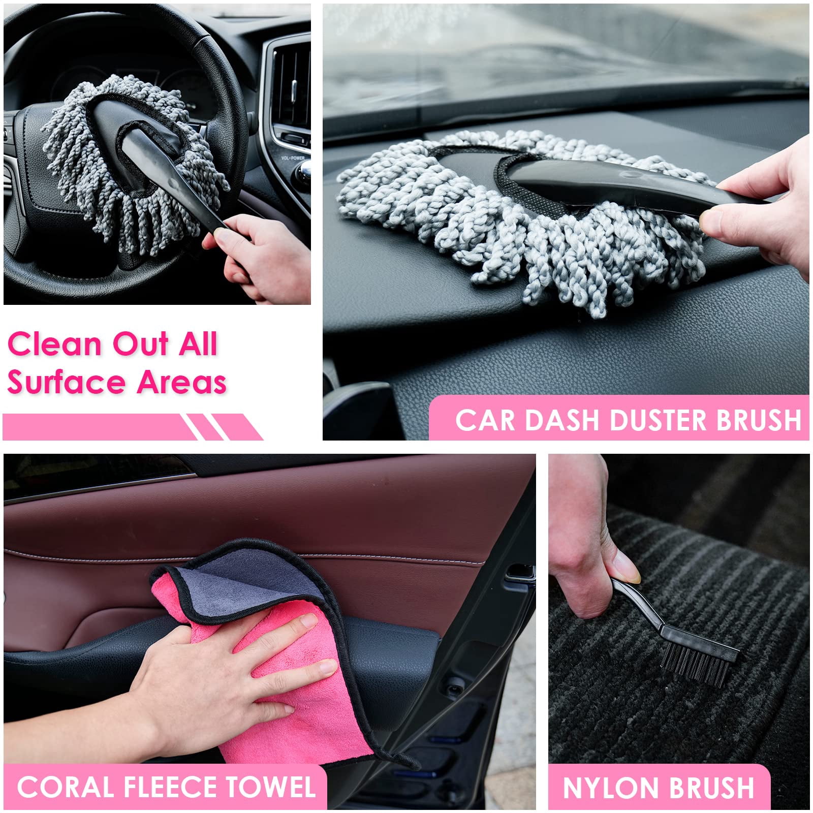 vioview Pink Car Cleaning Kit, Car Detailing Kit Interior Cleaner with Windshield Cleaning Tool, Detailing Brush Set, Complete Car Cleaning Supplies for Windows, Dashboard, Air Vents
