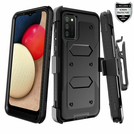 For Samsung Galaxy A02S - Wydan Heavy Duty Holster Protection Armor Tough Cover Shockproof Hybrid Hard Dual Layer Phone Case w/ Built-In Screen Protector