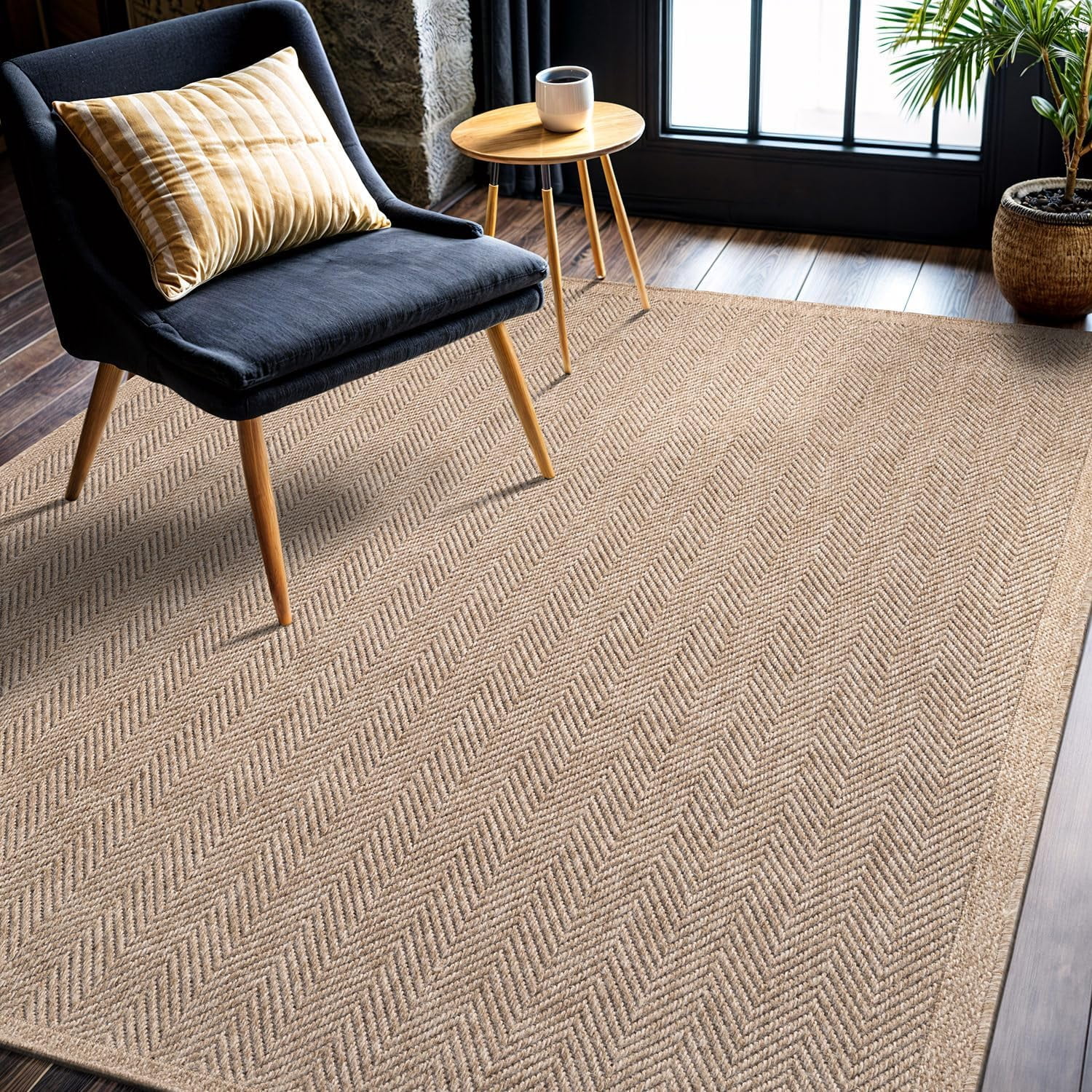 CAMILSON Easy Jute Rug Indoor Outdoor Farmhouse Area Rugs Herringbone-Natural 9x12