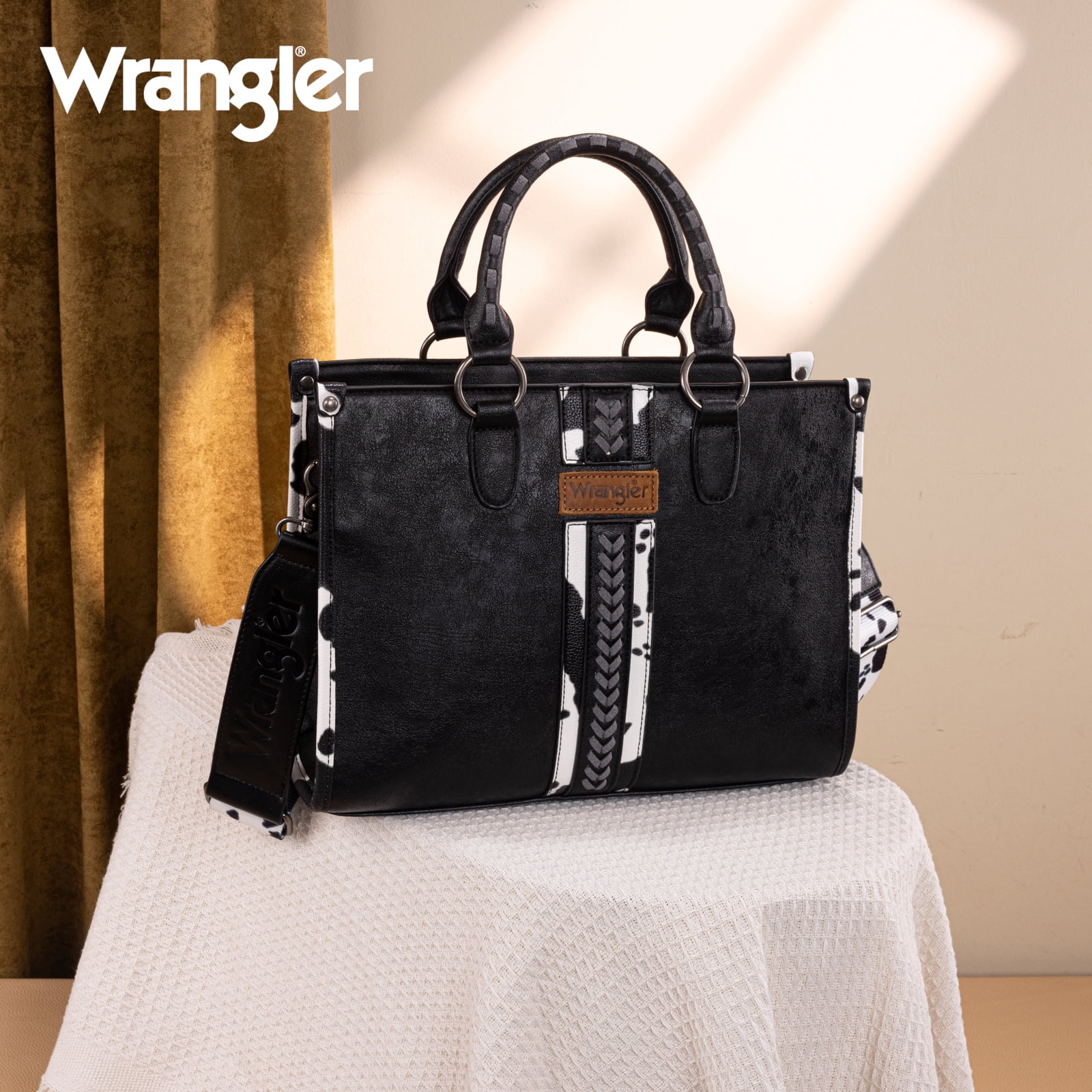 Wrangler Cow Print Tote Bag for Women Western Purse Boho Top Handle Satchel Handbag, Cow-Black