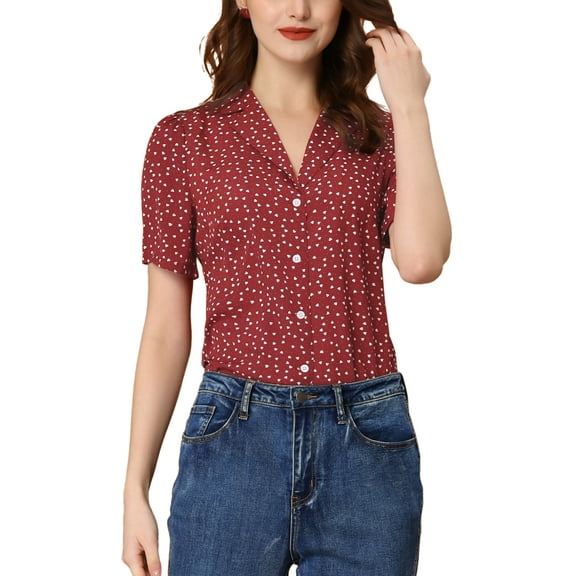 INSPIRE CHIC Women's Sweet Heart Polka Dots Blouse Short Sleeve Casual Button Down Shirts XS Red