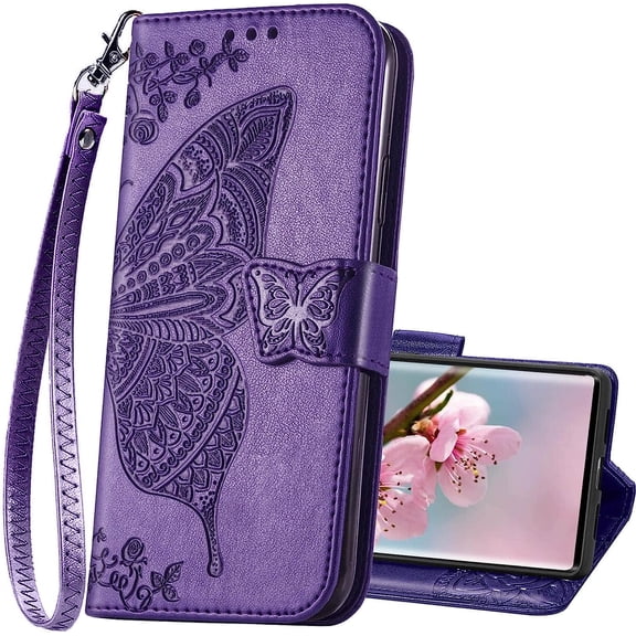 Designed for Samsung Galaxy S23 Ultra Case Wallet,Women Flip Folio Cover with Credit Card Holders Butterfly Embossed PU Leather Kickstand Wrist Strap Phone Case for Galaxy 23 Ultra 5G (Purple)