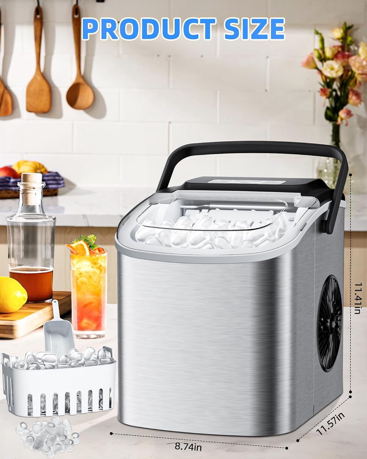 Portable Countertop Ice Maker  26lbs/24H, Quiet -Cleaning Cubes in 9PCS/7Min with Scoop for  Party