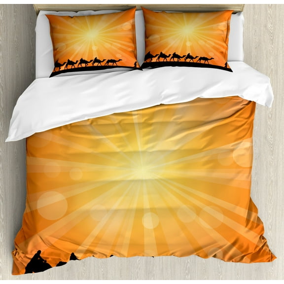 Oasis Duvet Cover Set King Size, Camels on a Background of Sunburst, Decorative 3 Piece Bedding Set with 2 Pillow Shams, Vermilion Pastel Yellow Charcoal Grey and Pale Earth Yellow, by Ambesonne