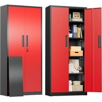 SUNCROWN 63" Metal Storage Cabinets with Lock, Tool Cabinet, Locking Steel Storage, Tall Locker Organizer Garage Cabinets with 2 Doors and 4 Shelves for Home,Garage,Office, Black & Red