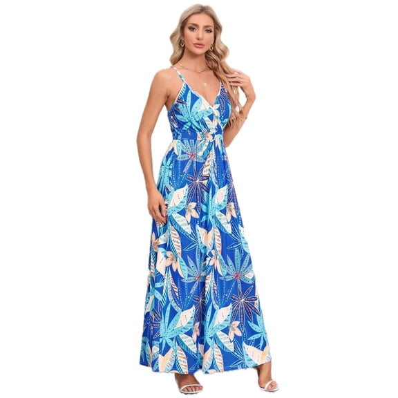 Women's Printed Surplice Maxi Cami Dress with Sheer Overlay and Easy Care 95% Polyester 5% Spandex for versatile wear