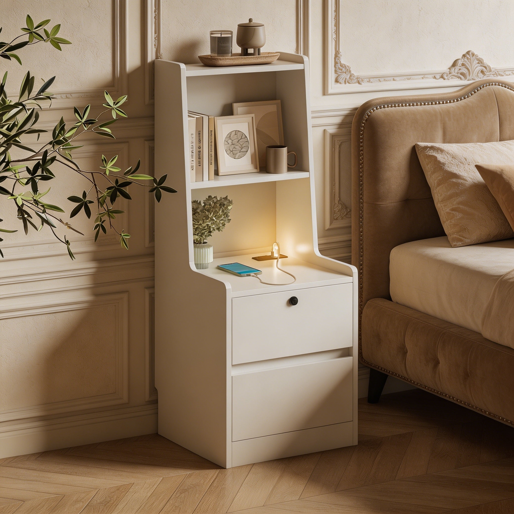 ANPPORT Modern White Smart Nightstands With Charging Station - Set Of 2
