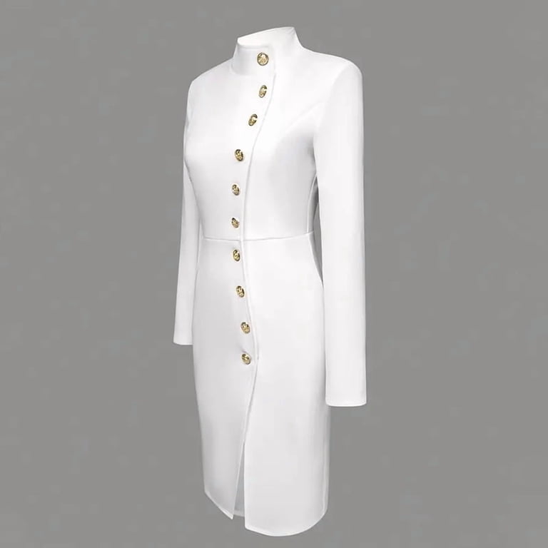 Morttic Women's Elegant Solid Color Long Sleeve Stand Collar Bodycon Midi Dress with Gold Buttons Side Slit Whites