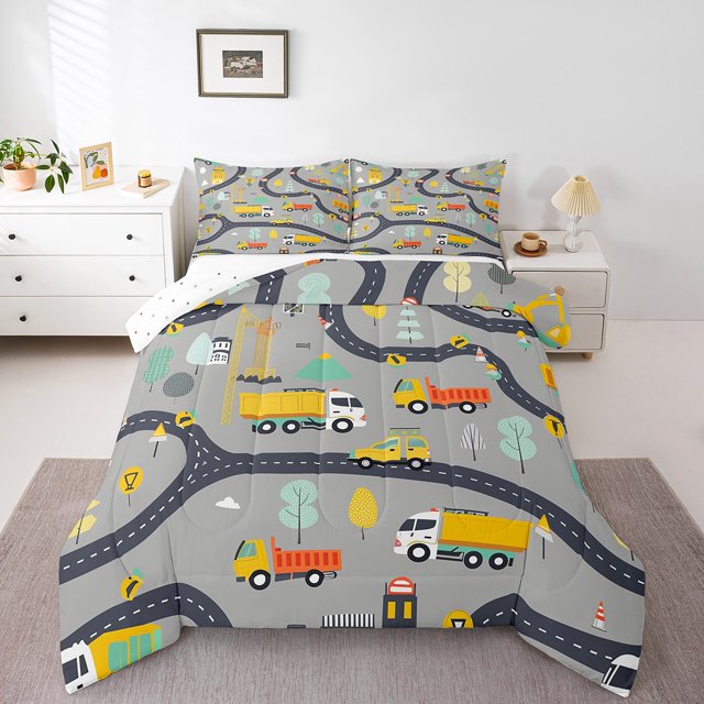 Erosebridal Construction Site Transportation Bedding Full Comforter Set, Cartoon Truck Down Comforter, Reversible 3pcs
