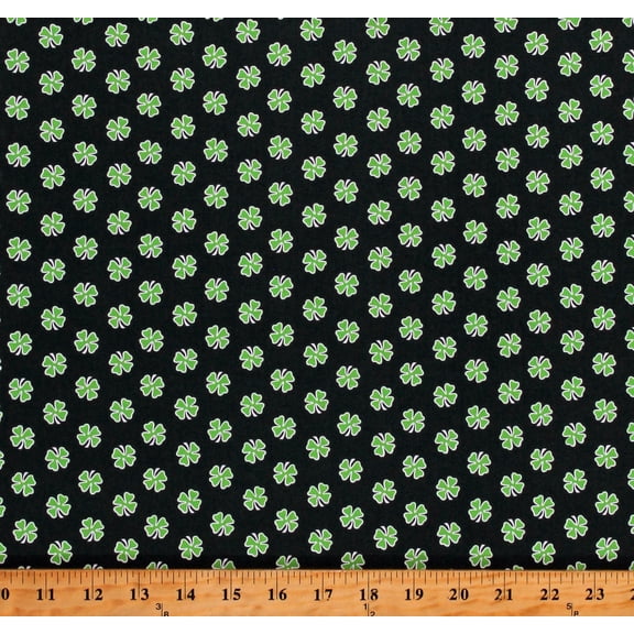 Cotton Shamrocks Green Four-Leaf Clovers Saint Patrick's Day Irish Hello Lucky Black Cotton Fabric Print by the Yard (9735-69)