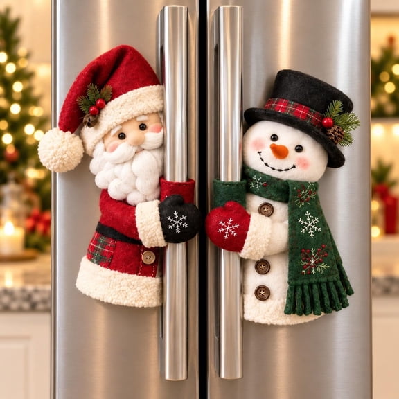 Christmas Santa & Snowman Handle Huggers – Set of 2, Holiday Kitchen Decor,For Fridge Door, Cute Plush Refrigerator Handle Covers, Xmas Home Decorations, Indoor & Oven Cabinet