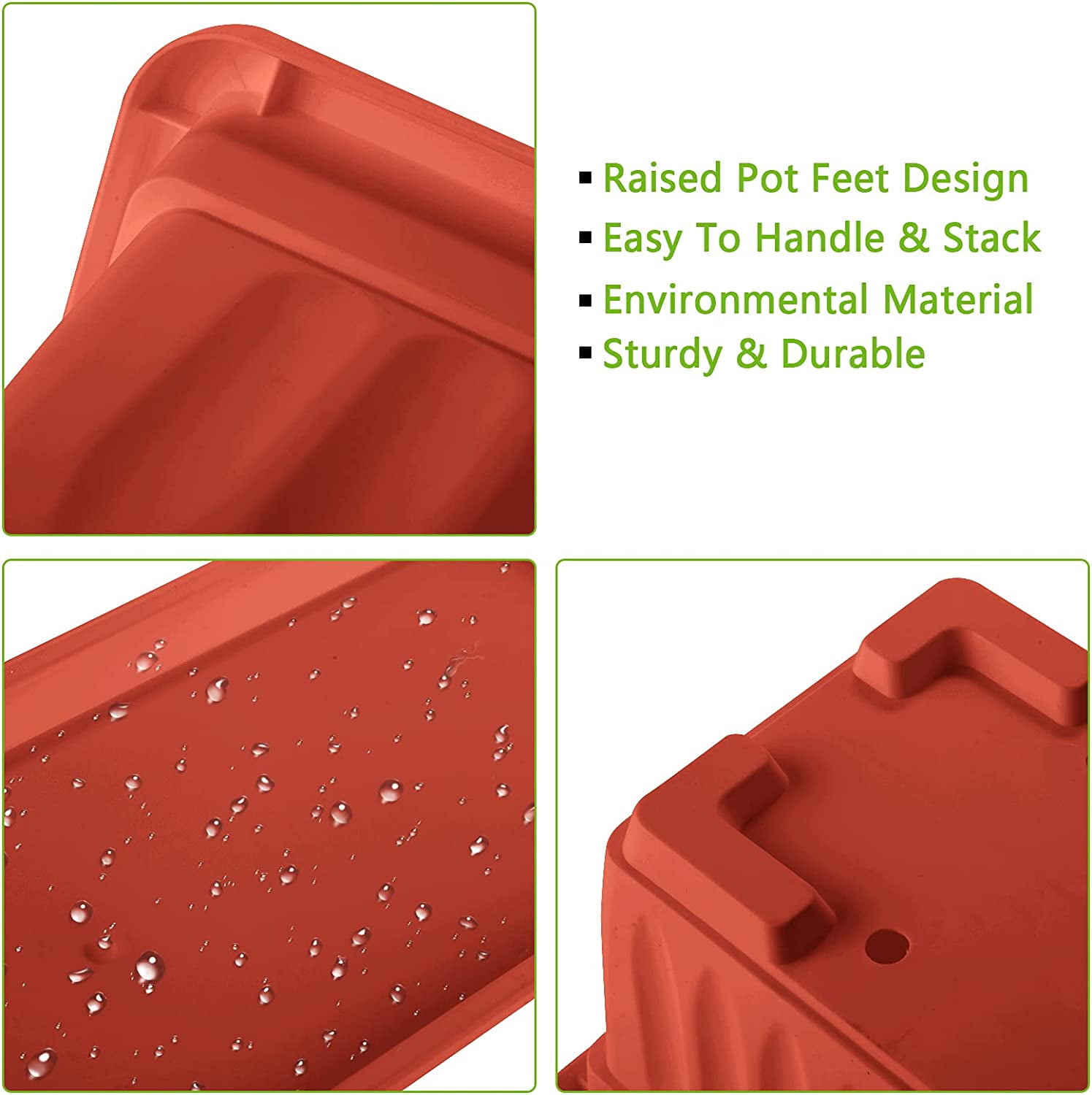 Flower Planters 17 Inches Plastic Vegetable Plant Pot Rectangular Planters with Trays for Windowsill, Patio, Porch, Garden, Home Decor (Red) 3 Pack