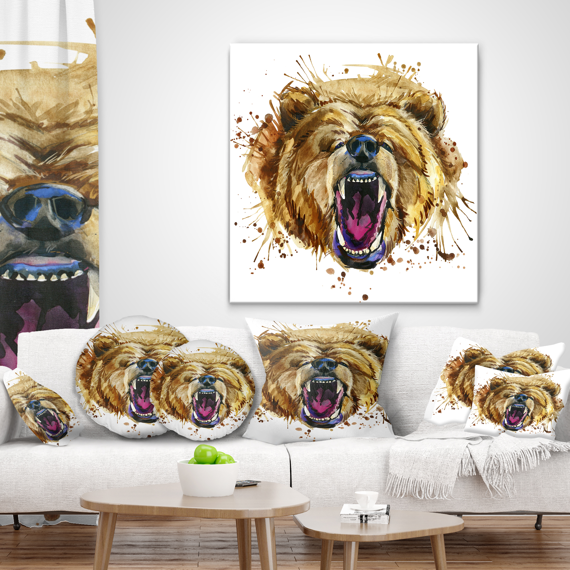 Designart Growling Grizzly Bear Watercolor - Abstract Throw Pillow - 12x20