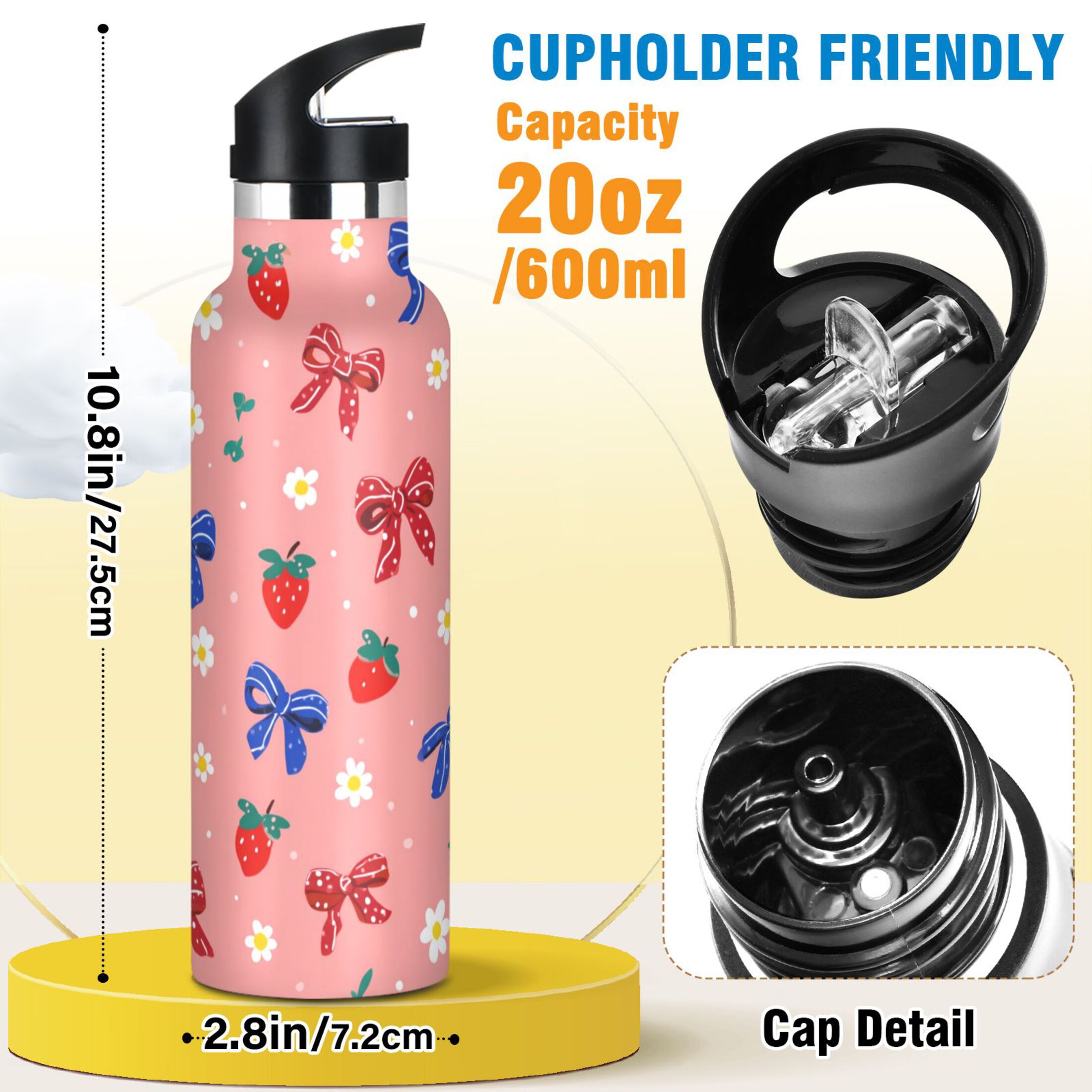 Kids Insulated Stainless Steel Sports Water Bottle 600ml (20oz) Bows and Strawberries Pattern