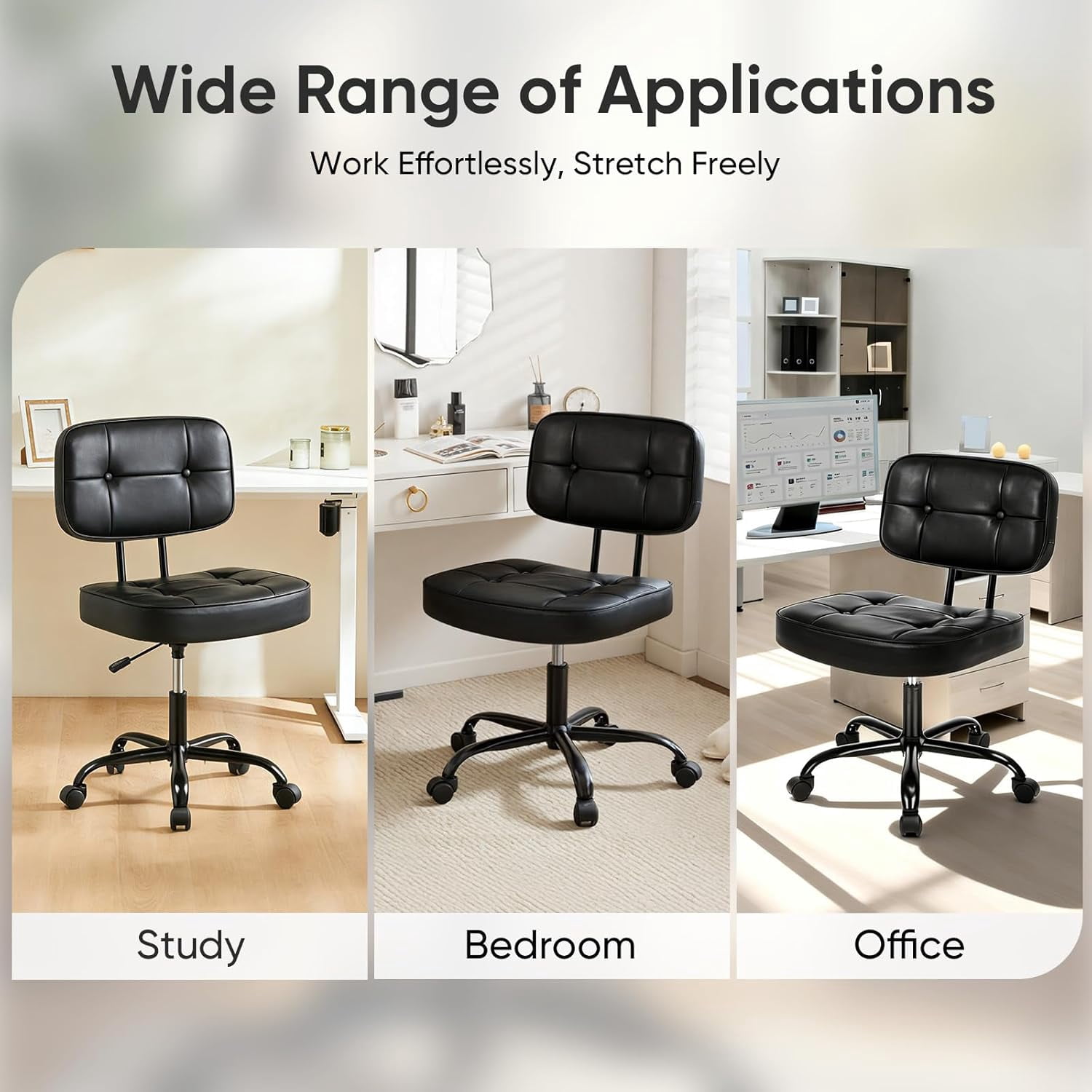Armless Vanity Chair for Makeup Room, Small Desk Chair with Tufted PU Leather, Adjustable Height Rolling Computer Chair for Home Office & Dorm, Black