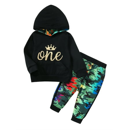 

IZhansean Newborn Baby Boys 2Pcs Clothes Outfits Long Sleeve Hoodie Sweatshirt Top+Camo Pants Set Black 0-6 Months