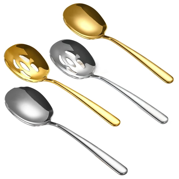 4 Pcs 304 Stainless Steel Serving Spoons Set, Gold & Silver Long Handle Slotted & Solid Spoons, Multipurpose Cooking Spoon for Basting, Stirring, Chef Use