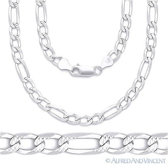 6mm Figaro / Figaroa D-Cut Pave Link Italian Chain Necklace in .925 Sterling Silver