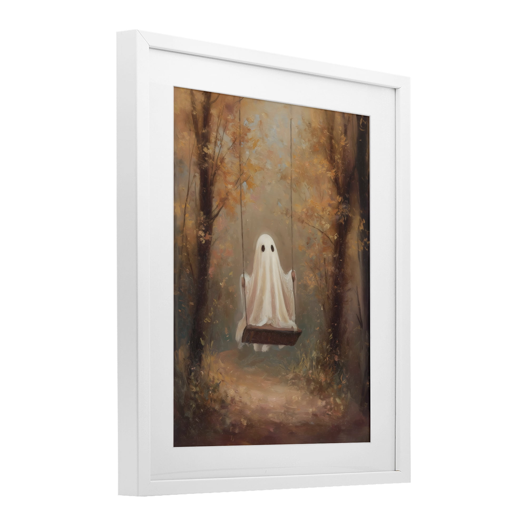 Eerie Swinging Ghost White Framed Print Under Glass, design by Arlington Prints