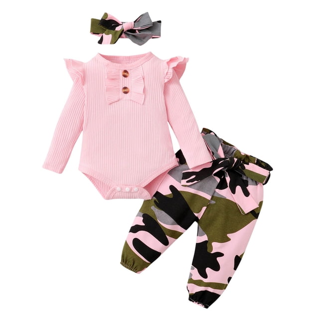 WRKEKC Infant Ribbed Romper Set Camouflage Print Matching Headband Button Front Thickened Warm Snug Comfortable Fitting Fall Winter Jumpsuit for Boys and Girls 3-24 Months