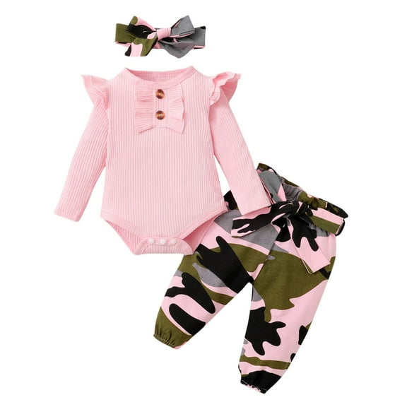 POIUYTR Newborn Baby Girl Clothes Ruffle Ribbed Knit Romper and Camo Pants with Headband Sets Toddler Infant Outfit